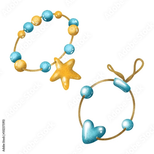 Hand Drawing Set of Ocean Bracelets. Beautiful Beach Accessories. Bracelets with blue and yellow beads in form of heart and starfish. Use for poster, stickers, print, shop, design