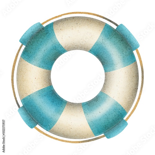 Hand Drawing Stiped blue and white Lifebuoy. Saving people. Summer ocean vibes. Use for poster, stickers, print, shop, design