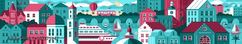 Vector banner with a cityscape. Illustration with buildings, bridges, transport, sea and sand hills