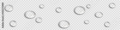 Water drops. 3D. Mockup of realistic water drops. Liquid on a transparent background. Vector illustration