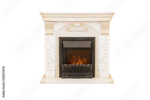 white stone fireplace with fire isolated on white background © Fotograf