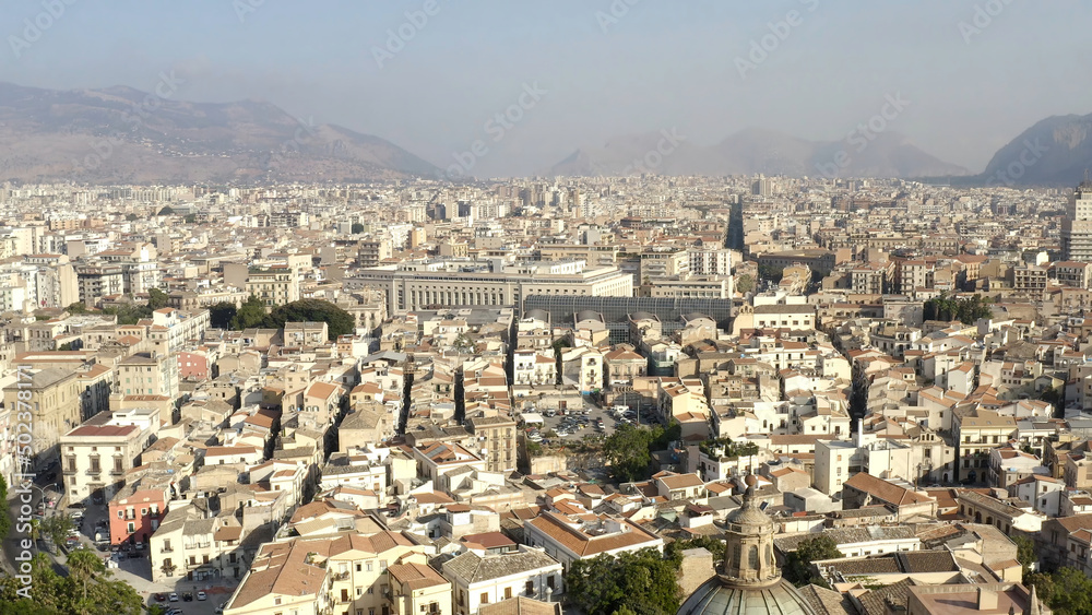 Top view of the old European city on a Sunny day. Action. Aerial view old town and city skyline with famous attraction on sunny day in summer in Europe