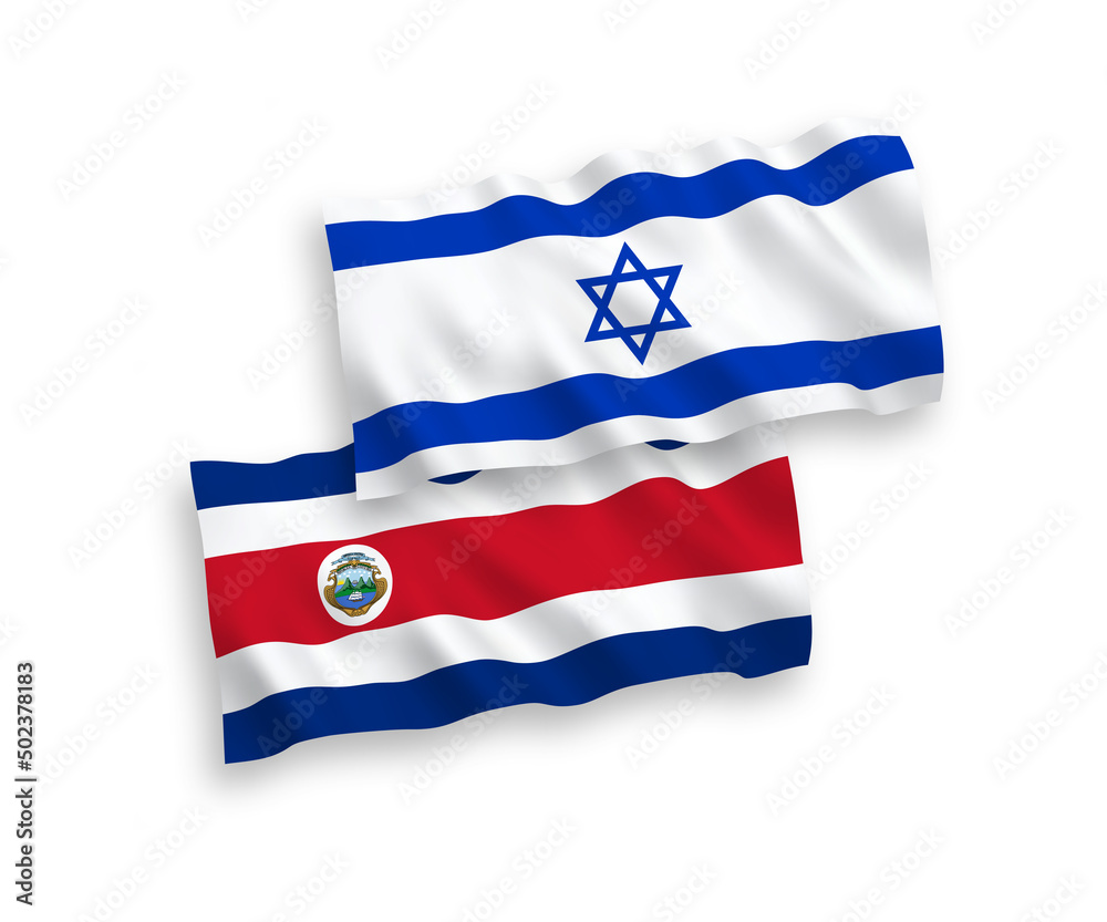 National vector fabric wave flags of Republic of Costa Rica and Israel isolated on white background. 1 to 2 proportion. National vector fabric wave flags of Republic of Costa Rica and Israel isolated on white background. 1 to 2 proportion.