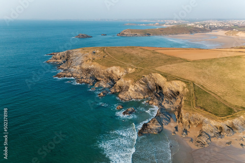 Aerial view of Poly Joke beach, Cornwall, United Kingdom. photo