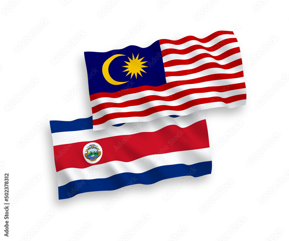 National vector fabric wave flags of Republic of Costa Rica and Malaysia isolated on white background. 1 to 2 proportion. National vector fabric wave flags of Republic of Costa Rica and Malaysia isolated on white background. 1 to 2 proportion.