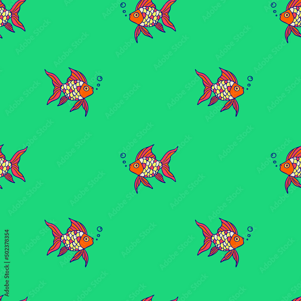 Seamless vector pattern with goldfish on teal green background. Simple hand drawn underwater wallpaper design. Decorative lucky symbol fashion textile.