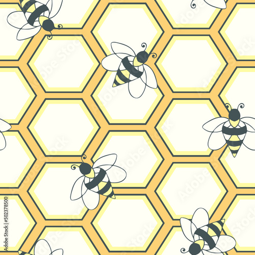 Seamless vector pattern with bees and honeycomb on yellow background. Simple summer insect wallpaper design. Decorative busy bumblebee fashion textile.