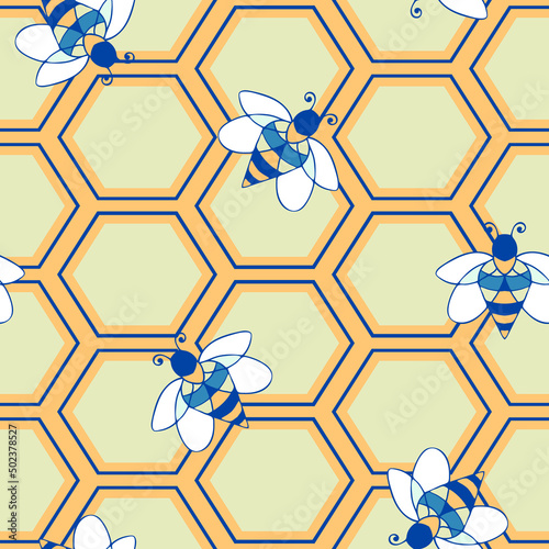Seamless vector pattern with working bee on yellow background. Simple honeycomb wallpaper design. Decorative modern beehive fashion textile.