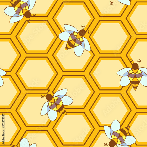 Seamless vector pattern with honeycomb and bees on yellow background. Simple summer bumblebee wallpaper design. Decorative lifestyle fashion textile.