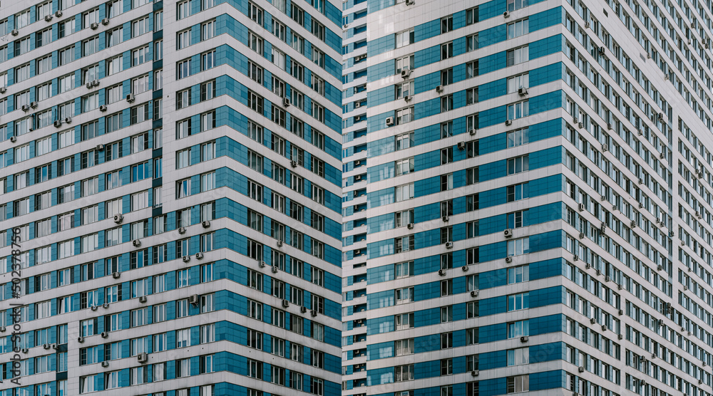 Endless Blue Building Skyscraper Facade. City Landscape. 