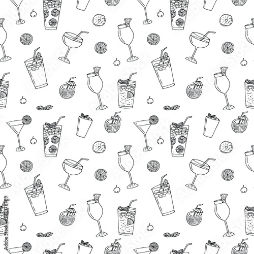 Cocktails seamless pattern vector illustration, hand drawing doodles