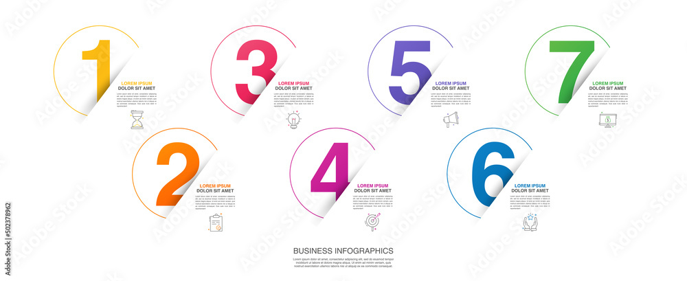 Modern vector flat illustration. Circle line infographic numbers template with seven elements, icons. Timeline designed for business, presentations, web design, interface, diagrams with 7 steps