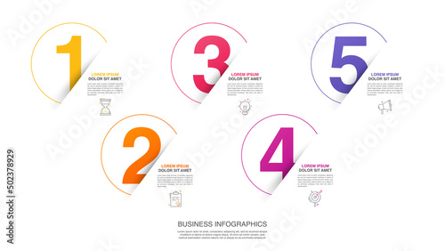 Modern vector flat illustration. Circle line infographic numbers template with five elements, icons. Timeline designed for business, presentations, web design, interface, diagrams with 5 steps