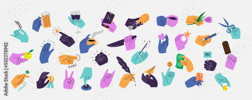 Set of colorful hands holding various stuff. Different operations and gestures. Hand drawn vector