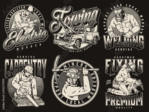 Workers and towing service monochrome emblems