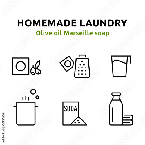 6 icons which stand for the steps for making homemade laundry. Icons designed in line art style can be used for web and print