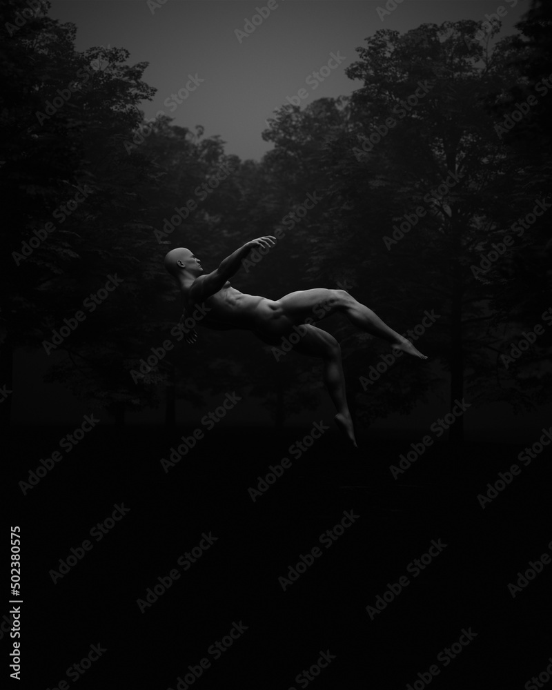 Man Falling Motion Mental Health Abstract Abuse Depression Nightmare Alone in a Wooded Area Trees Black and White 3d illustration render
