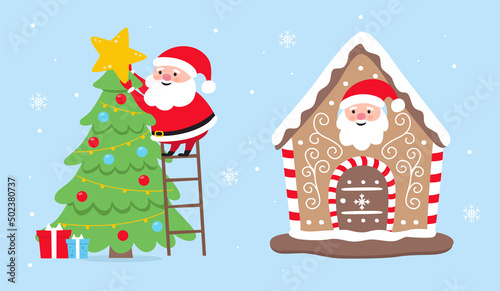 Santa claus decorates the christmas tree and in gingerbread house.