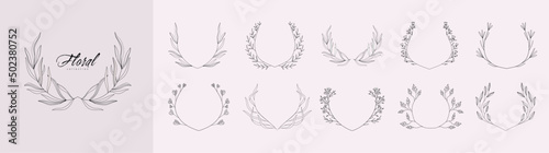 Set of floral decoration wreath and round labels. Branch and minimalist flowers. Hand drawn line wedding herb, elegant leaves for invitation save the date card. Botanical rustic trendy
