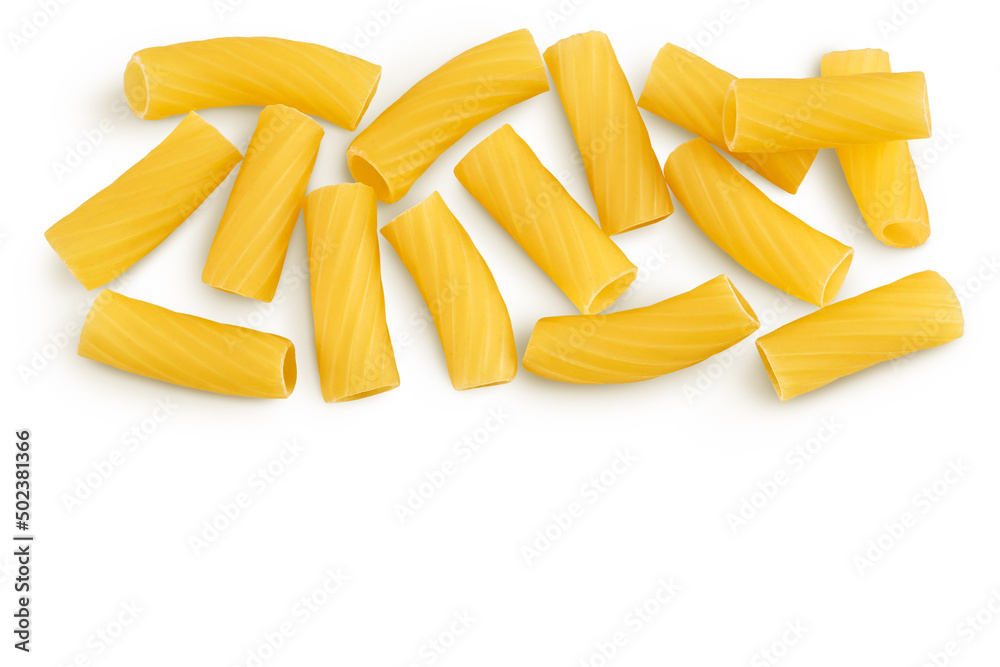 raw italian Rigatoni pasta isolated on white background with clipping path and full depth of field. Top view with copy space for your text. Flat lay raw italian Rigatoni pasta isolated on white background with clipping path and full depth of field. Top view with copy space for your text. Flat lay