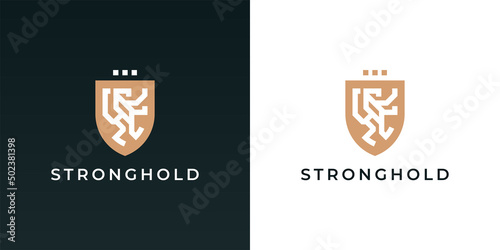 Royal lion shield logo mark design. Minimal heraldic crest icon. Premium modern brand identity insignia emblem. Strong law or security business symbol. Vector illustration.