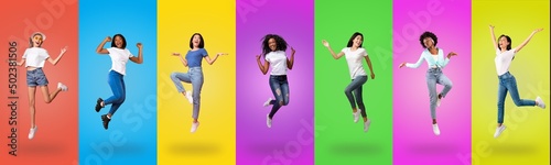 Joyful young ladies jumping up on colorful backgrounds, collage