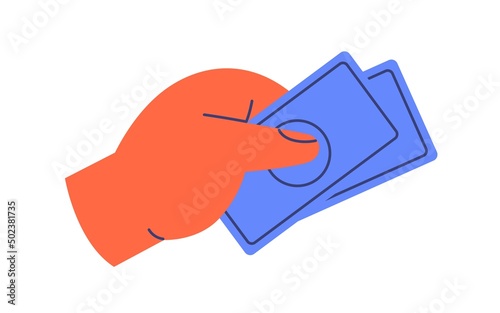 Hand holding abstarct paper money. Arm giving banknotes, paying on cash. Currency, bank notes in fingers icon. Finance, payment concept. Flat vector illustration isolated on white background