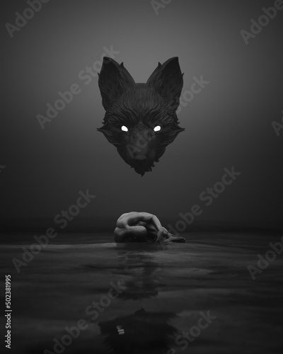 Φωτογραφία Man Curled Up Alone in Wet Mud Abstract Black Dog Depression Mental Health Pain