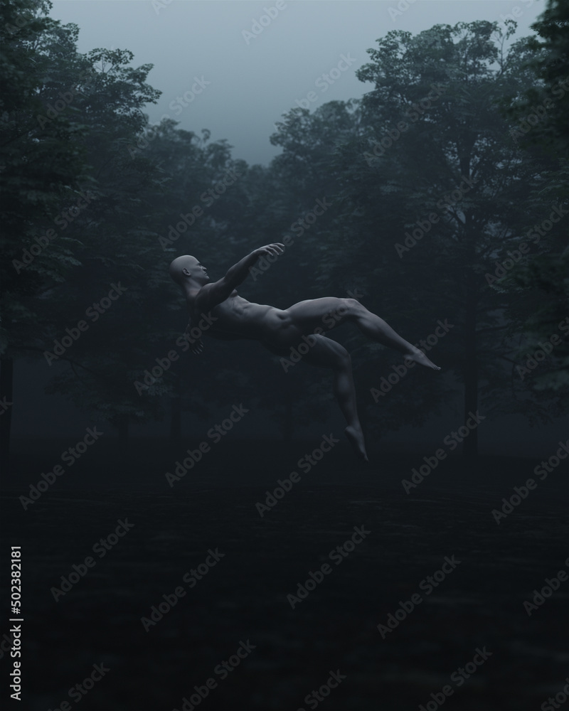 Man Falling Motion Mental Health Abstract Abuse Depression Nightmare Alone in a Wooded Area Trees 3d illustration render