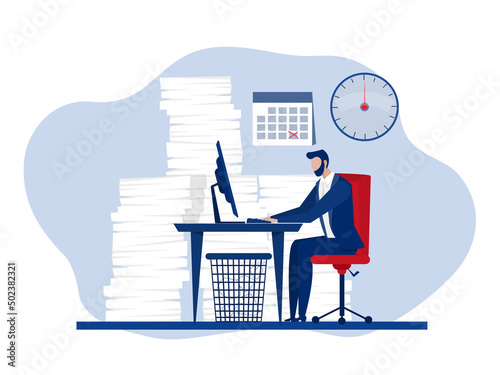 Businessman busy unhappy man with stacks of paper on desk.hard work concept vector illustrator