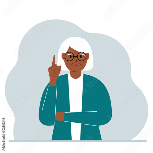 Sad grandmother holding his index finger up. Vector
