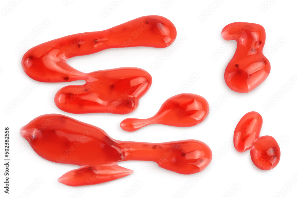 Red strawberry jam isolated on white background with clipping path and full depth of field, Top view. Flat lay Red strawberry jam isolated on white background with clipping path and full depth of field, Top view. Flat lay