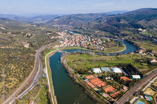 Aerial view of Fiesole along Arno river in Florence, Tuscany, Italy.