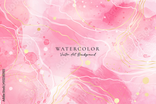 Rose pink liquid watercolor background with lines and stains. Abstract crimson marble alcohol ink drawing effect. Vector illustration design template for wedding invitation, banner, wall print