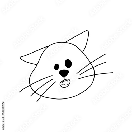 Doodle portrait of stunned cat. Overwhelmed kitten, line animal fictional character isolated on white. Hand drawn vector illustration