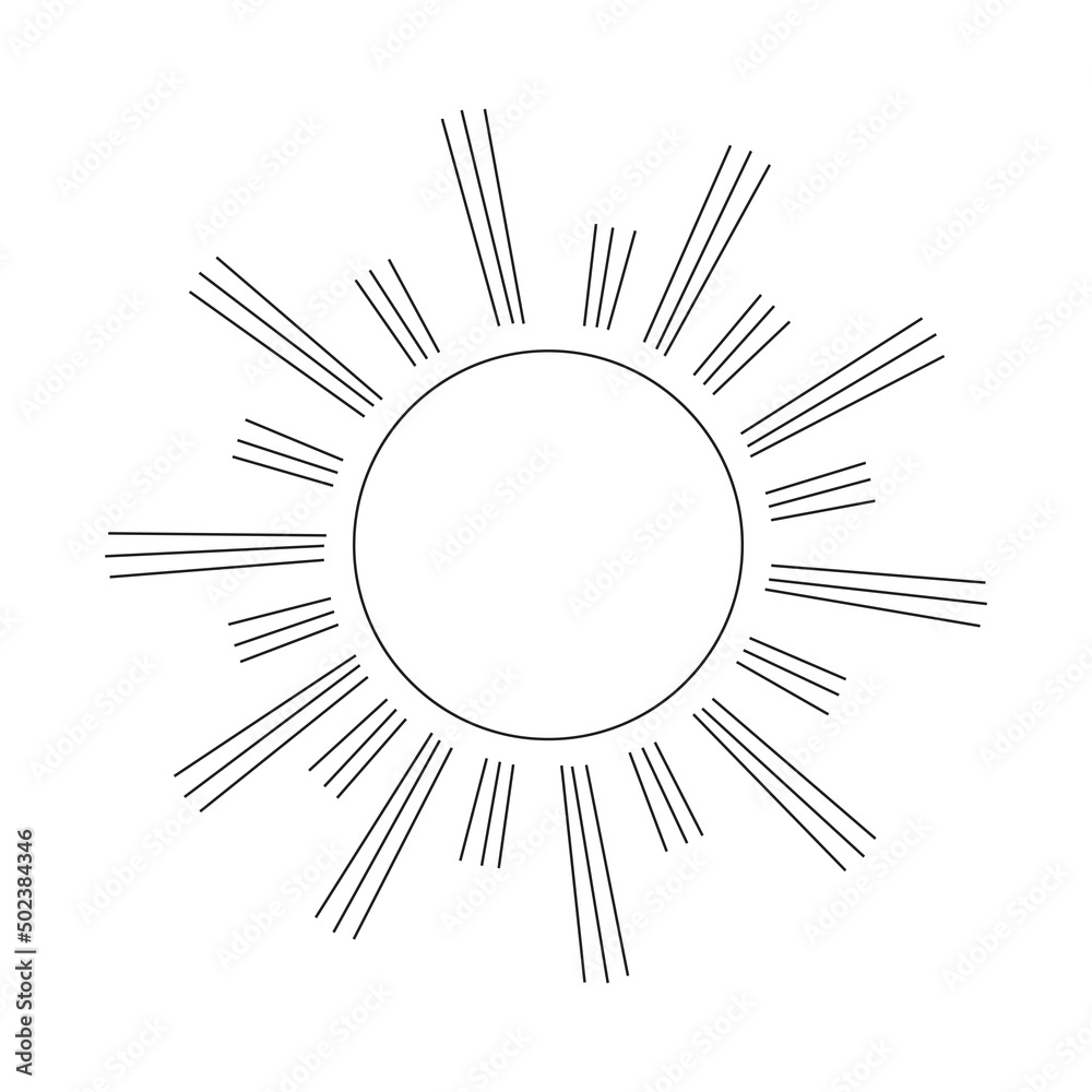 Doodle cartoon sun. Vector line art illustration, logo, childrens coloring page
