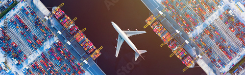 Fotografi Air Transportation and transit of Container ships loading and unloading in Hutchison Ports, Business logistic import-export transport sea freight with copy space