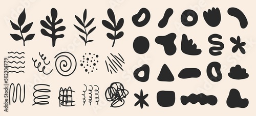 Set of various abstract shapes, doodles and plants. Hand drawn doodles. Modern contemporary fashion illustration. Flat design, hand drawn cartoon, vector.