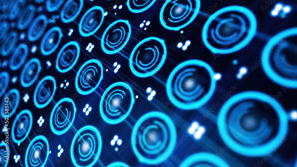 Many electronic circles. Many small electronic blue circles on dark background. Abstract animation of electronically sound rotating circles with neon light
