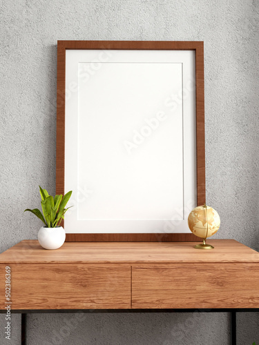 Empty photo frame for mockup in empty white room. 3D rendering.