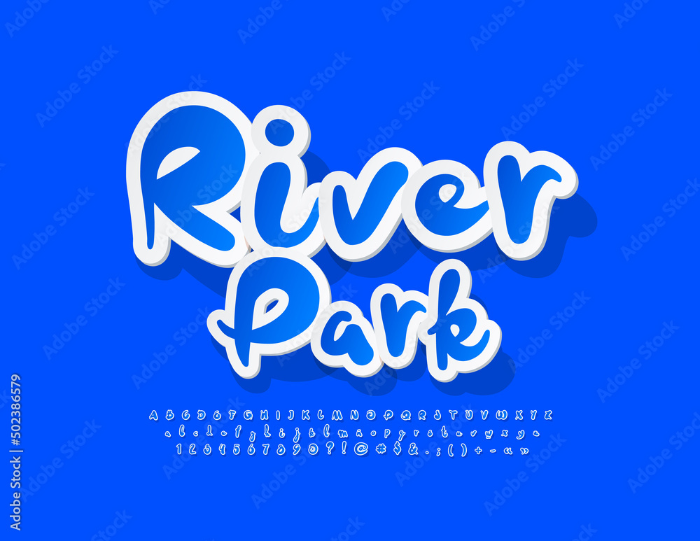 Vector artistic sign River Park with sticker Alphabet Letters, Numbers and Symbols. Blue handwritten Font