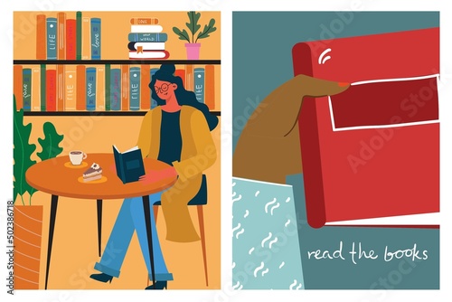 The concept of reading day. People hold a book in their hands. Human character on the background. Flat design style vector cards.