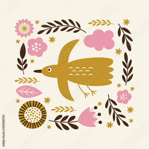 Greeting card with bird and flowers 