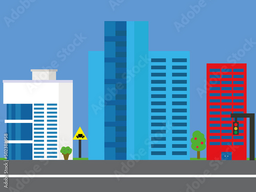 Minimalistic illustration of a business distric behind photo