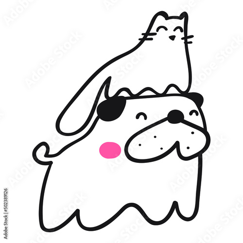 Cat stand on dog. Friendship between animals. Outline vector illustration.