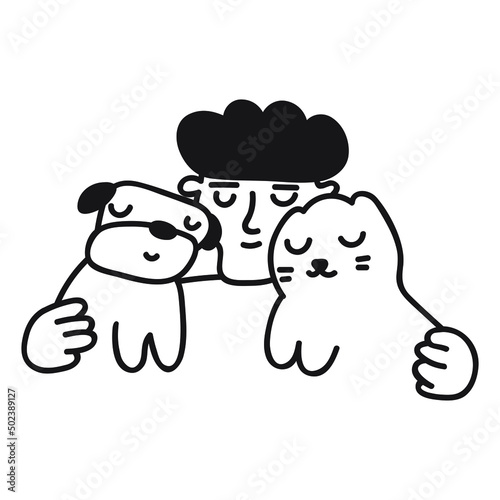 Young man embrace dog and cat. Outline vector icon illustration on white background.
