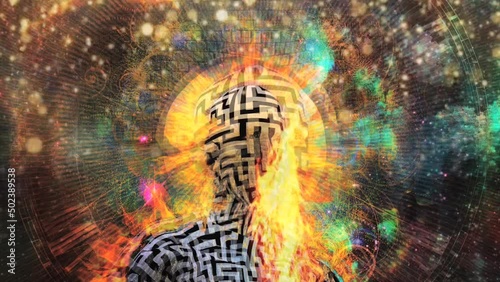 Through eternity. Angels soars in space. Man with ring of fire around head