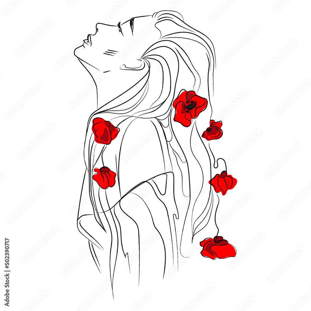 Line art beautiful girl with long hair and flowers poppies vetor.Woman ...