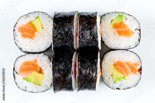 Top view of sushi nigiri, maki, sashimi rolls isolated on a white background
