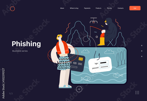 Technology Memphis - Phishing - flat vector concept digital illustration of phishing scam metaphor. Hacker fraud protection, password steal, data phishing. Creative landing web page template